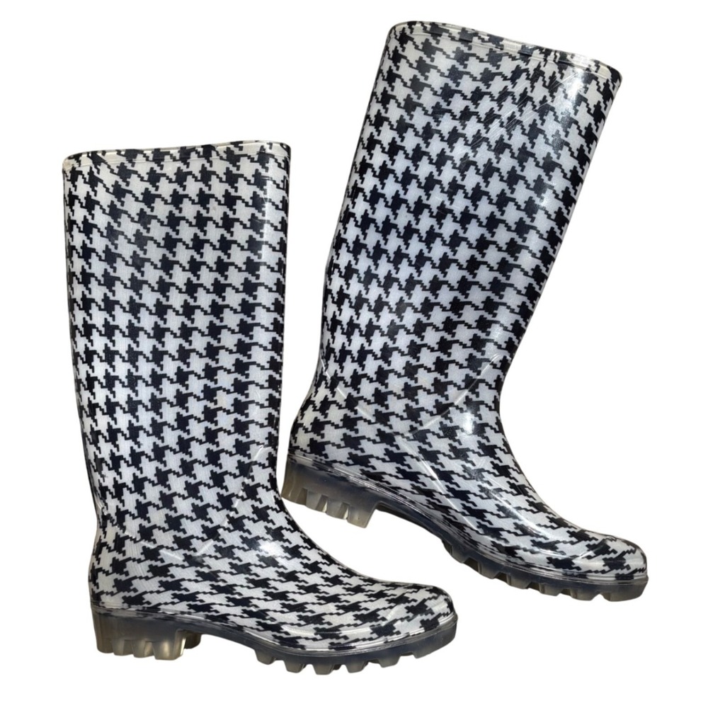 Easy USA Houndstooth Rain Boots Black White Tall Rubber Waterproof Size 5